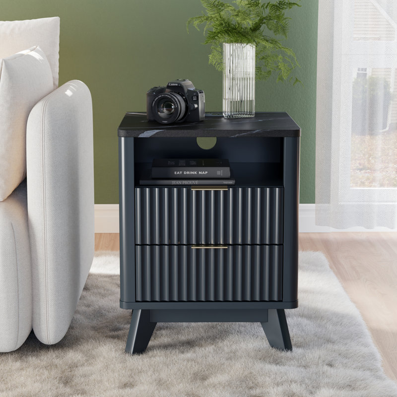 18" Nightstand With Charging Station & Faux Marble Top, Dark Gray/Black