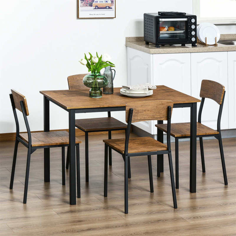 Industrial 5-Piece Dining Set with Dark Walnut MDF and Steel