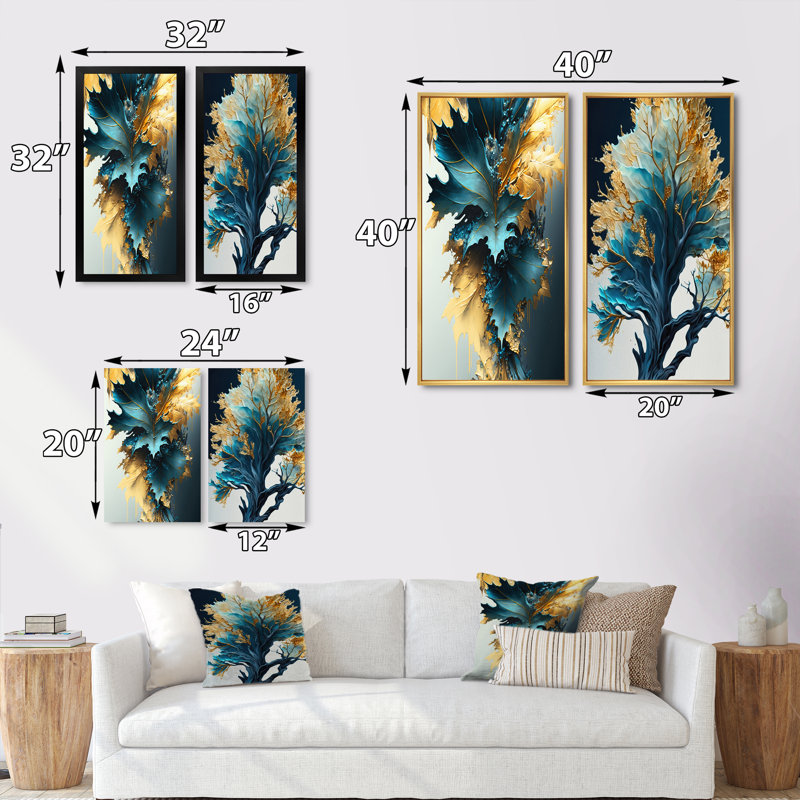«Abstract Blue And Gold Leaves», 2 pièces sur toile, Encadrement doré, H 32 po x l 32 po