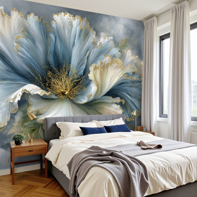 Papier peint pelez et collez marine pivoine délicate Grand Peony Gradient Blues or métallique lumières douces murales H 100 po x l 144 po papier mural amovible en PVC auto-adhésif pour le salon de la chambre bureau à domicile