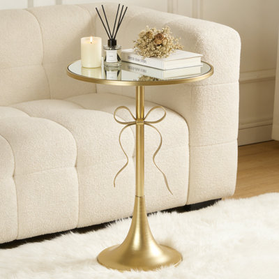 Table d'appoint ronde en métal doré, table de bout à piédestal rétro avec plateau de table miroir pour le salon