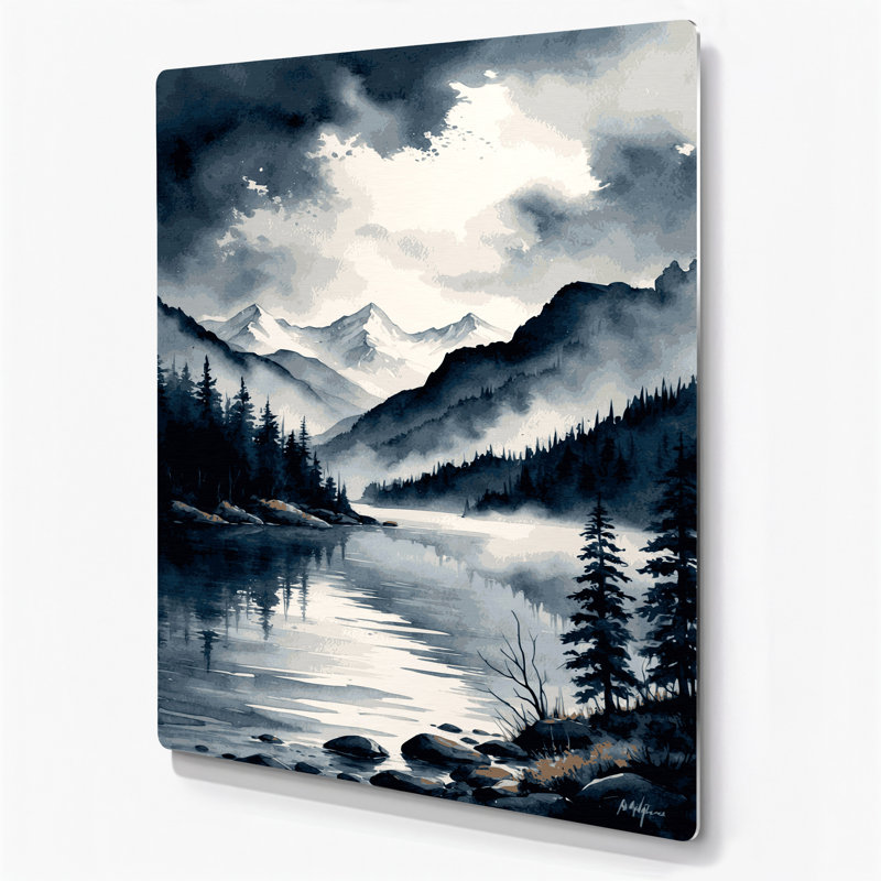 Aquarelle paysage 86, art mural gris en métal, H 14 po x l 11 po