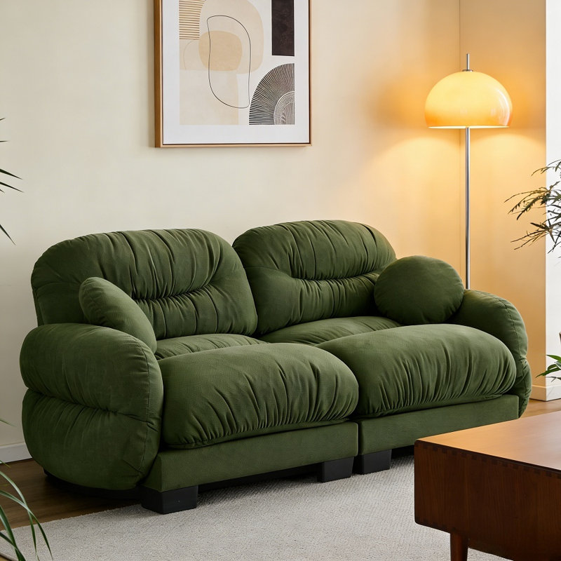 Modern Oversized Cloud Chenille Modular Loveseat, Pleated Design Curved Armrest 2 Seater Comfy Sectional Sofa Couch, Green