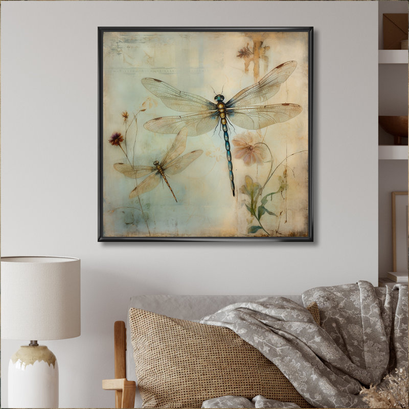 Vintage Painting Of Dragonfly Flying I - Dragonfly Large Wall Art, 30" H x 30" W, Black Floater Framed