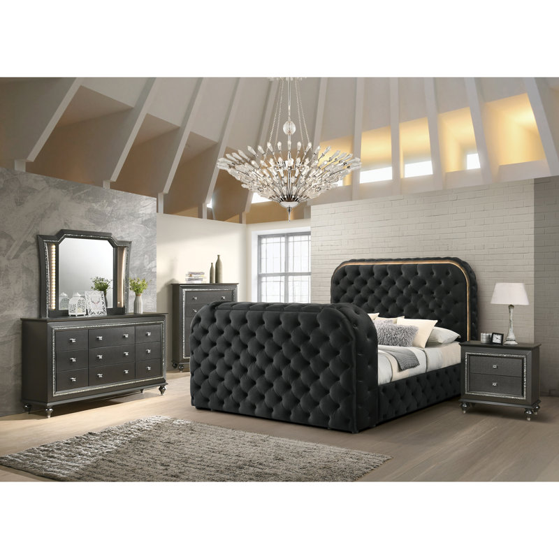 Lit tapissier Kana avec DEL en noir, Grand