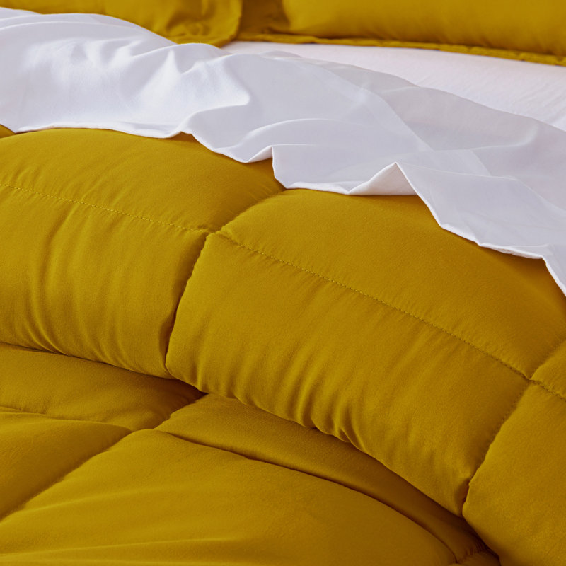 Peachskin Microfiber Bedding Box Stitch Comforter, Oversized Queen Comforter + 2 Pillow Shams, Mustard