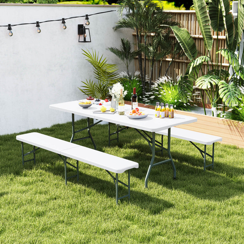 3 PCS Folding Picnic Table Set w/ 6 ft Table & 2 Benches HDPE Tabletop Bench Top Coffee, White