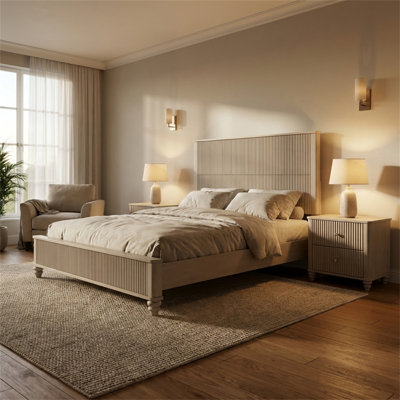 Ensemble d'ameublement de chambre à coucher (3 pièces), grand lit avec tête de lit haute et 2 tables de chevet, finition décorative ondulée, style Mid-Century moderne, grand lit plateforme, beige