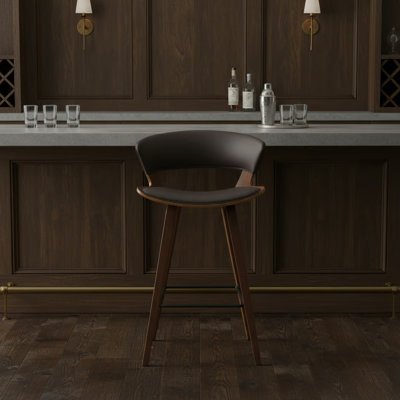 Mid-Century Curved Wood Counter Stool, Faux Leather Upholstered Low Back Bar Chair With Metal Footrest For Home Bar & Kitchen Island