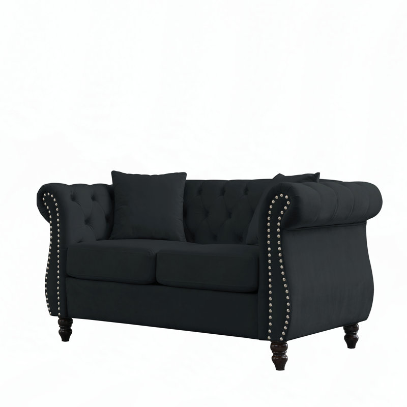 Canapé capitonné 58,8 po avec accoudoirs roulés et têtes de clou Chesterfield, Black