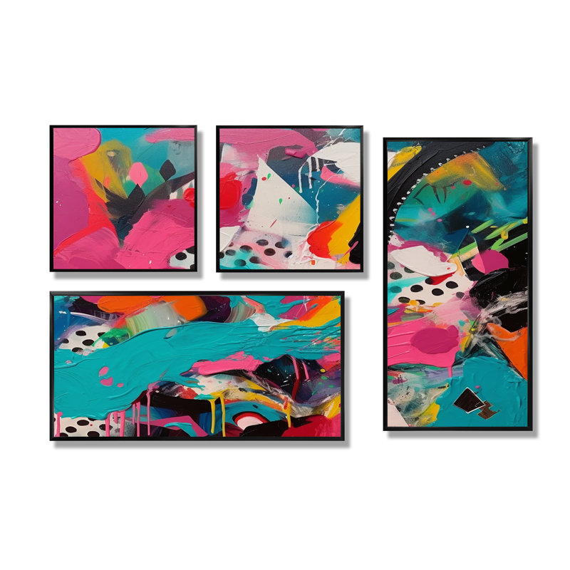"Enigma" rose et turquoise abstraite II - art abstrait sur toile 4 pièces, Noir, Impression encadrée sans passe-partout