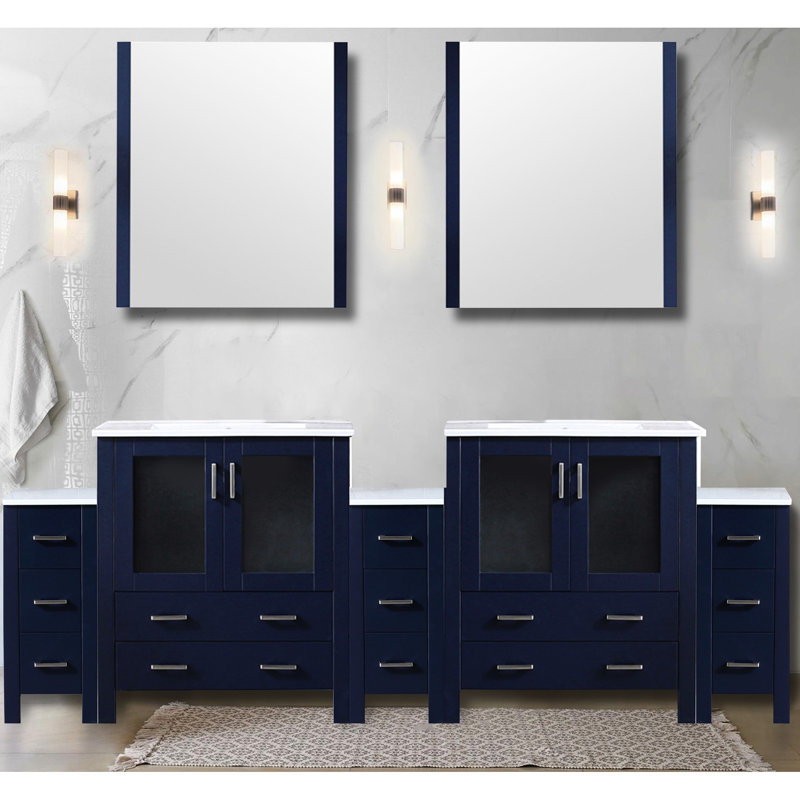 Meuble-lavabo double bleu marine, 96 po Large, 18,25 po de profondeur, plateau en céramique blanche, structure en bois massif, mécanisme de tiroir à fermeture en douceur, armoires intérieures, rangement, comptoir de meuble-lavabo, pré