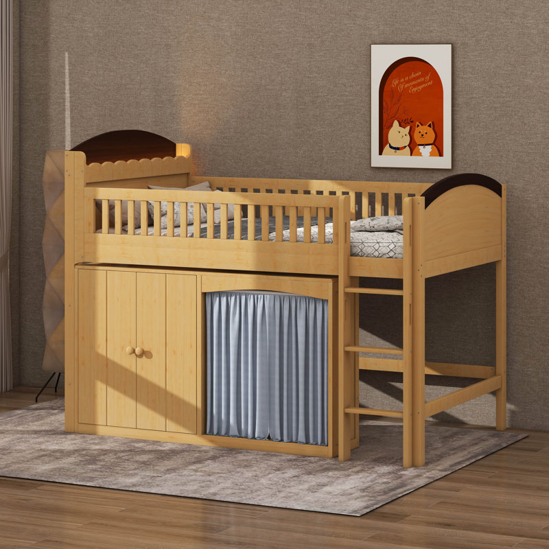 Loft Bed With Storage Cabinet, Wood Loft Bed Frame With LED Light & Wardrobe, Twin, Wood/Espresso