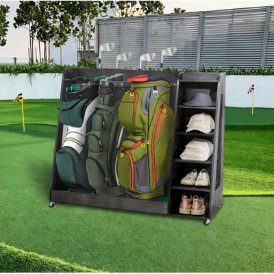 3-Bag Wooden Golf Bag Storage Rack - Heavy Duty Organizer Holds 14+ Clubs, Golf Balls, Shoes & Accessories, Easy Assembly for Garage, Indoor & Outdoor Use