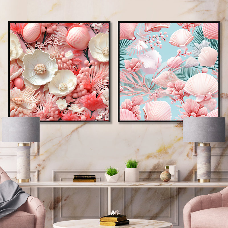 Seashell - motif tropical oasis - ensemble de 2 collages carrés abstraits, Cadre flottant noir, H 16 po x l 33 po