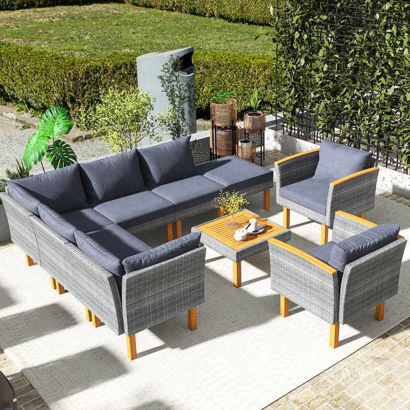 Ensemble de conversation 9 pièces en rotin gris pour l'extérieur avec pieds en bois d'acacia et plateau de table | Coussin lavable | Ensemble de canapé modulaire en PE avec table basse PE | Polyester et osier