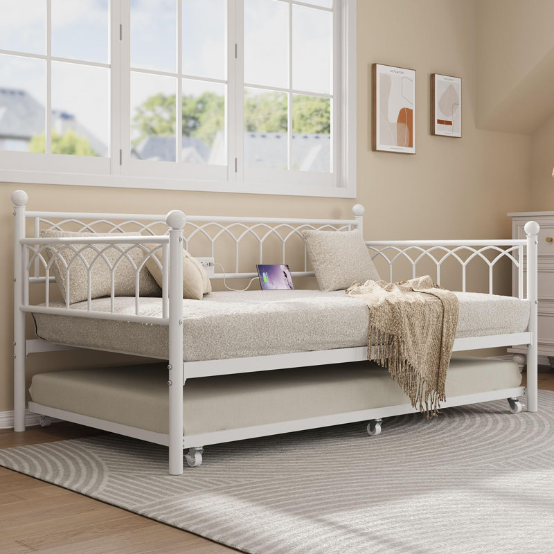 Twin Daybed With Trundle, Day Bed With Charging Station & LED Lights, White