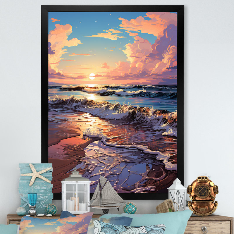 «Beachside Sunset Horizon 3», art mural plage, Cadre simple noir, H 20 po x l 12 po x P 1 po