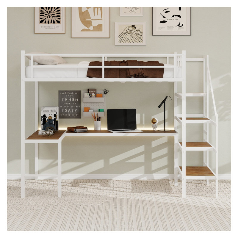 Lit mezzanine simple en métal avec bureau en L et escalier de rangement, structure de lit superposé blanche pour enfants, adolescents et bureau à domicile