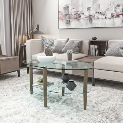 Table basse ovale moderne avec dessus en verre triple couche - Pieds en chêne massif pour le rangement dans le salon - Pieds robustes en verre trempé
