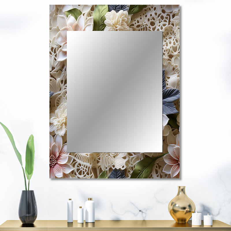 Tadisa White Vintage Floral Lace Veil - Floral Wall Mirror, Floral Decorative Mirror, Printed Metal Art, 40" x 30"