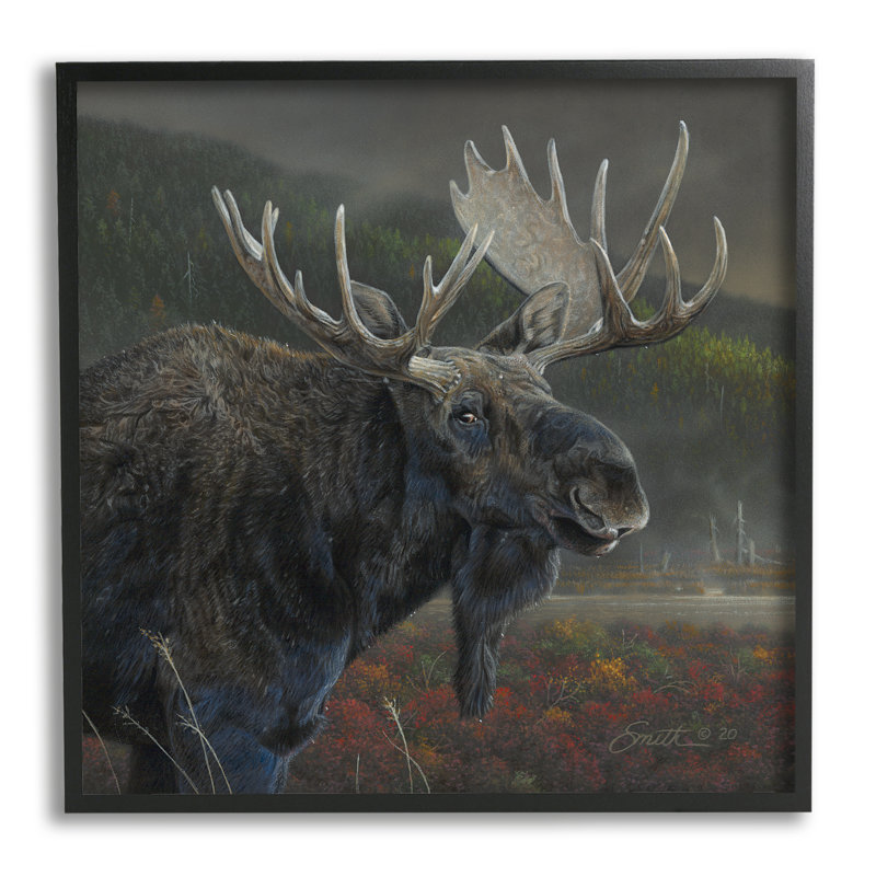 «Moose Dark Forest Landscape» encadré sur bois par Daniel Smith, peinture, H 12 po x l 12 po x P 1,5 po