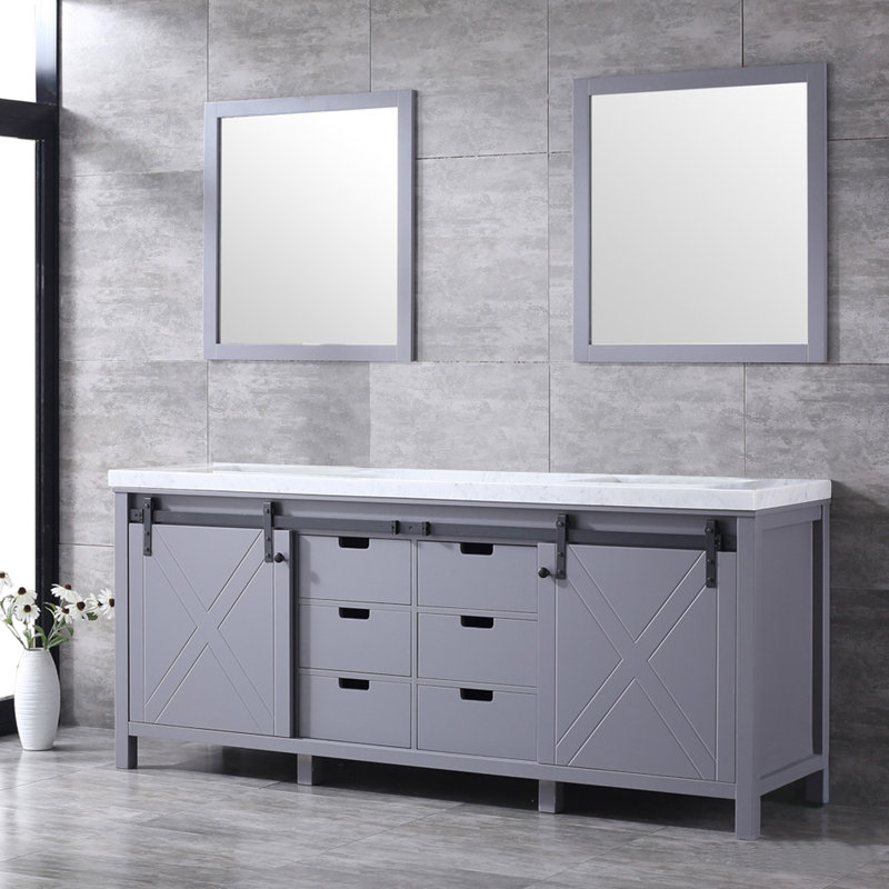 Marsyas 80 in W x 22 in D Double Bath Vanity and 30 in Mirrors, White Carrara Marble, Dark Gray