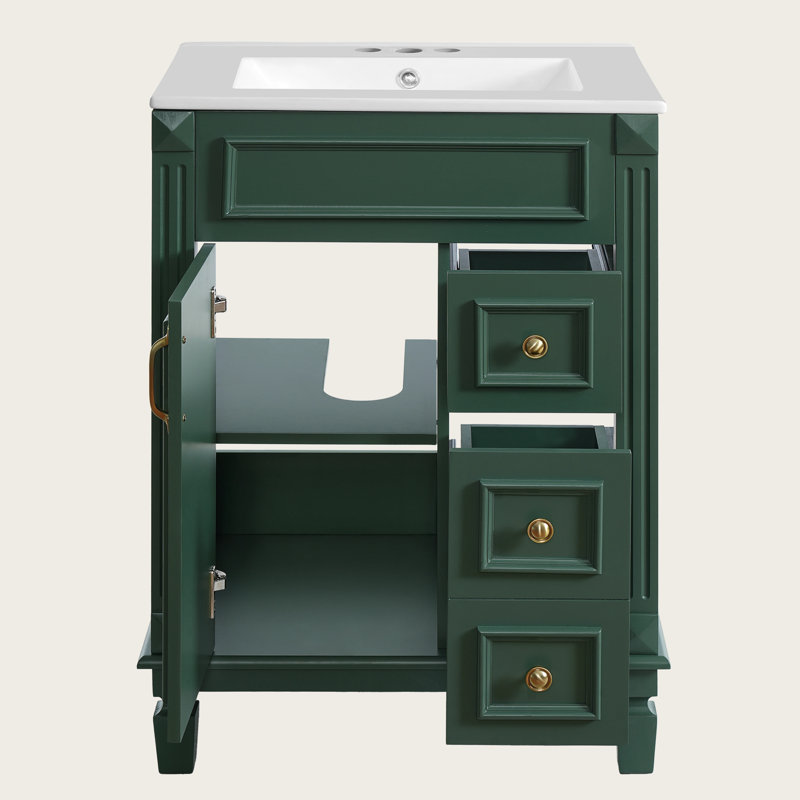 Meuble-lavabo moderne 24 po avec lavabo en céramique, 2 tiroirs, tablette réglable, Vert, Doré
