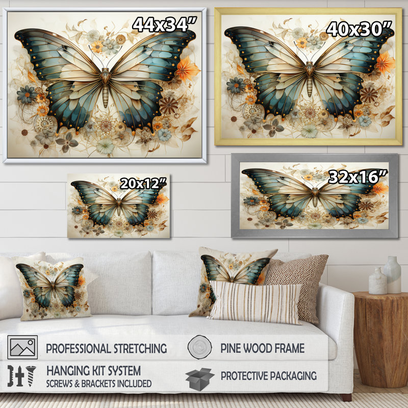 Papillon beige sarcelle, motifs complexes - art mural papillon, Cadre flottant doré, H 30 po x l 40 po x P 1,5 po