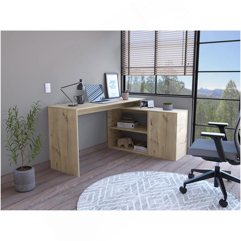 Bureau en L, armoire à une porte, deux tablettes ouvertes, deux tablettes intérieures, Beige