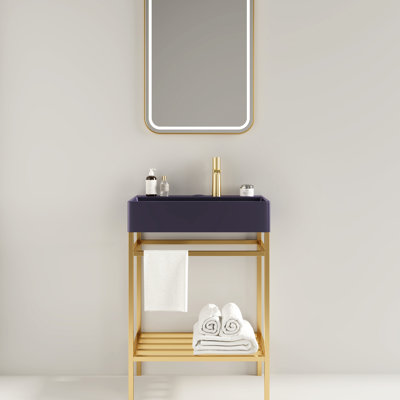 24" Bathroom Vanity With Ceramic - Purple Glossy Rectangular Basin, Freestanding Sink , Gold Open Leg, Practical Organizer Basin Rectangular, Sink, Shelves For Storage, Clean Easily