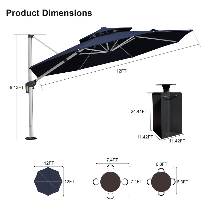 Sharayne 144'' Cantilever Umbrella with Crank Lift Counter Weights with Base in Ground, Navy