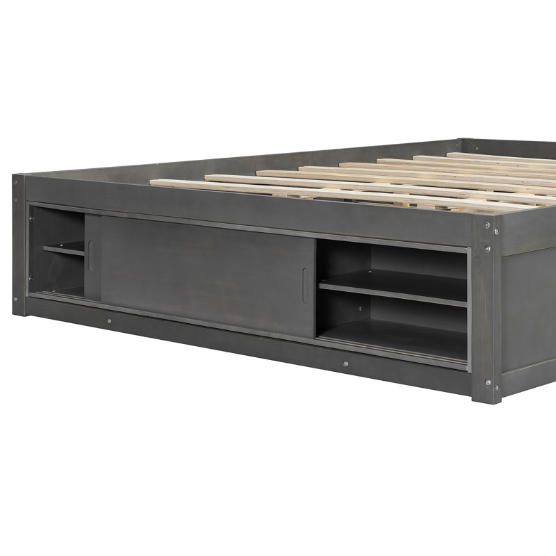 Platform Bed Frame With 4 Storage Drawers And Footboard Storage Cubby, No Headboard, Modern Space-Saving Design, Gray