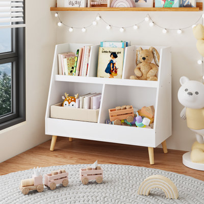 Kids Bookshelf And Toy Organizer, 5 Cubbies Wooden Open Bookcase, 2-Tier Baby Storage Display Organizer With Legs