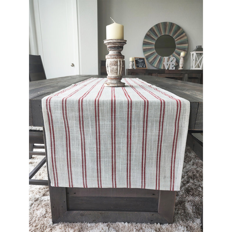 Beige-white Modern Striped Linen Blend Table Runner, 54" x 16", Burgundy/White