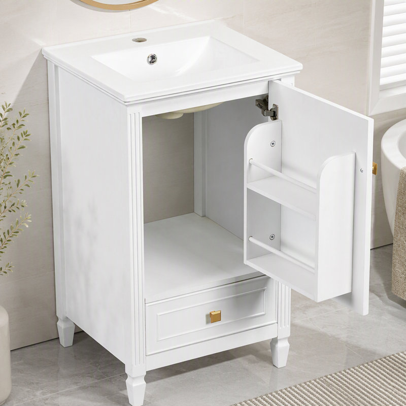 Meuble-lavabo de 20 po avec lavabo en céramique, meuble-lavabo autoportant avec armoire de rangement, support de rangement, fabrication robuste, finition peinte lisse, blanc