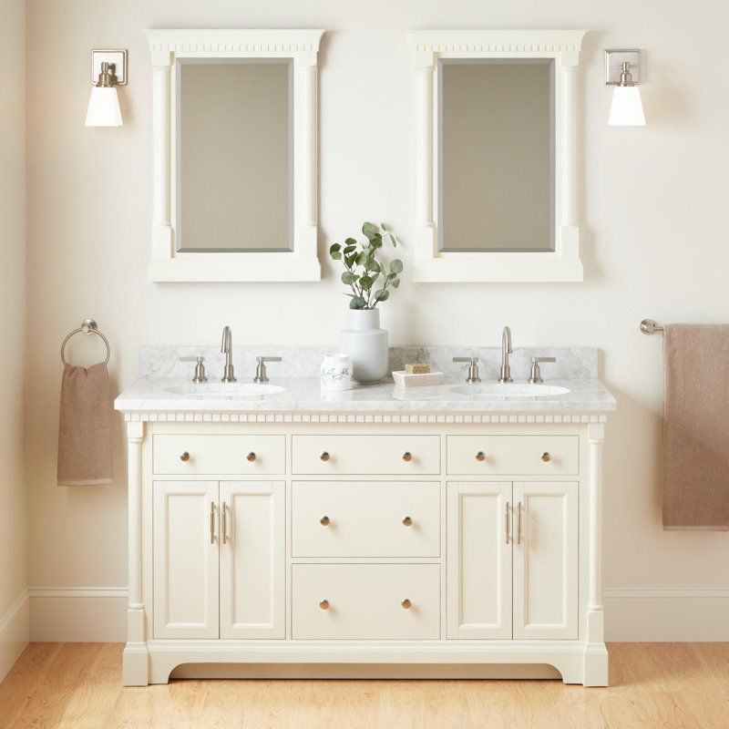 Claudia 60" Mahogany Double Basin Vanity Set with Cabinet, Vanity Top, Carrara Marble, White