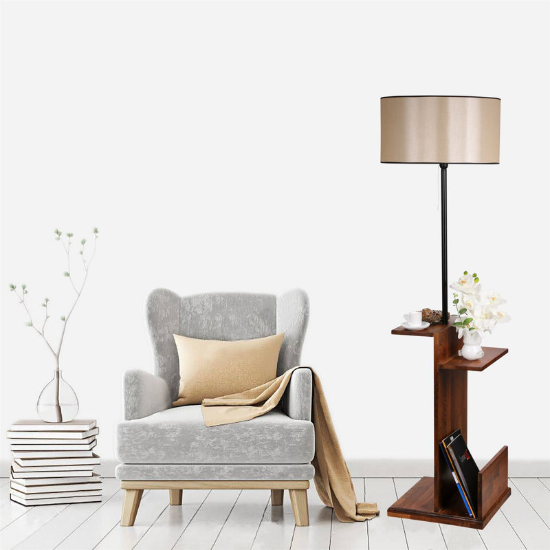 Lampe sur pied scandinave avec structure en métal et tablettes en bois, hauteur de 67,0 po | Finition noire élégante, diamètre du capuchon de 17,3 po, longueur du capuchon de 15,4 po | Interrupteur marche / arrêt sur câble, douille E27 de 40 W maximum | Éclairage élégant pour les maisons modernes