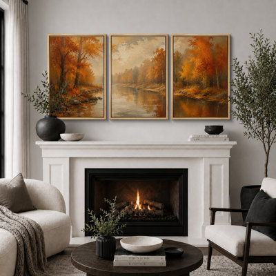 Autumn River Landscape Artwork, Living Room Pictures, Framed Canvas Giclee Print 3 Pieces Wall Art - 16"x24"x3pcs, 24"x36"x3pcs