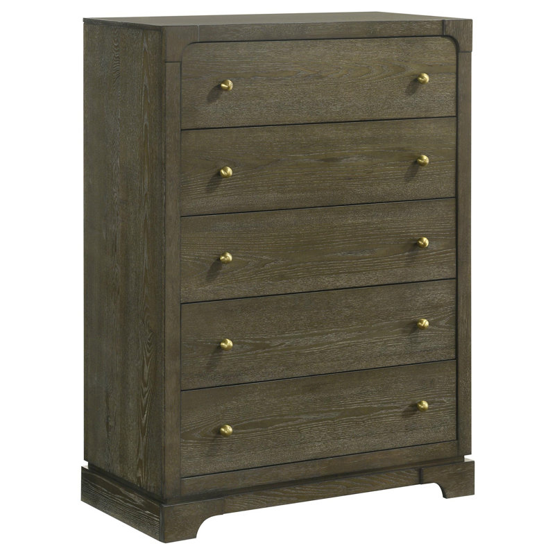 Commode haute Seon, 5 tiroirs avec boutons en laiton, brun cacao foncé