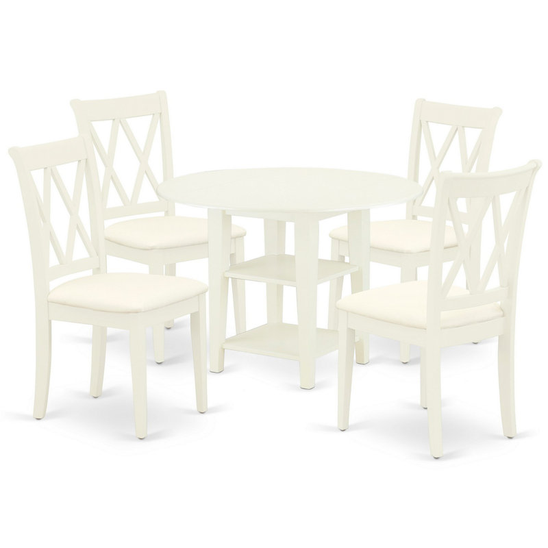 L'ensemble de table de salle à manger 5 pièces comprend une table de cuisine ronde avec Dropleaf et des tablettes et 4 chaises de salle à manger en lin, blanc lin