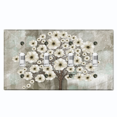 White Flower Branch Tree Gray Nature Themed 4 - Gang Toggle Light Switch Standard Wall Plate