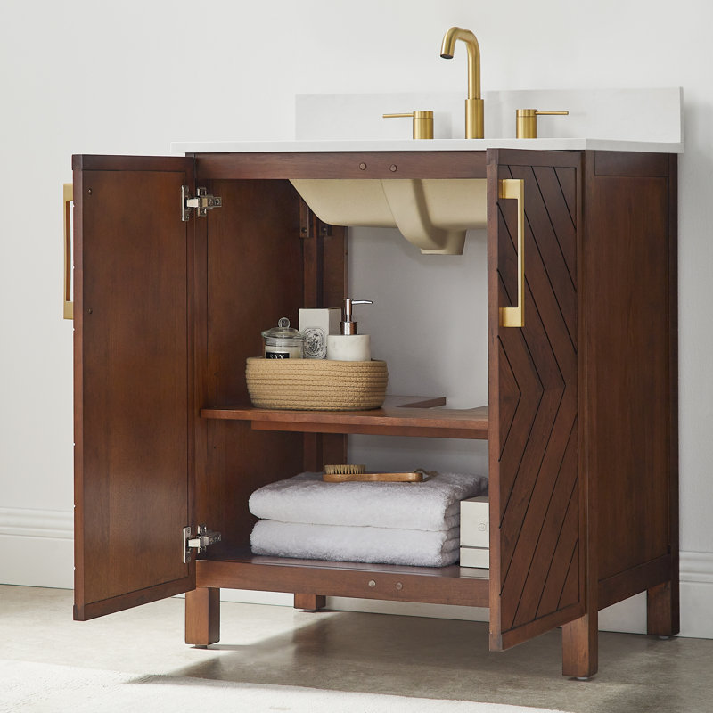 Keiera 30" Single Bathroom Vanity with Engineered Stone Top, Medium Brown
