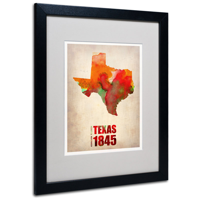 « texas aquarelle map », impression encadrée, H 20 po x l 16 po x P 0,5 po, Noir