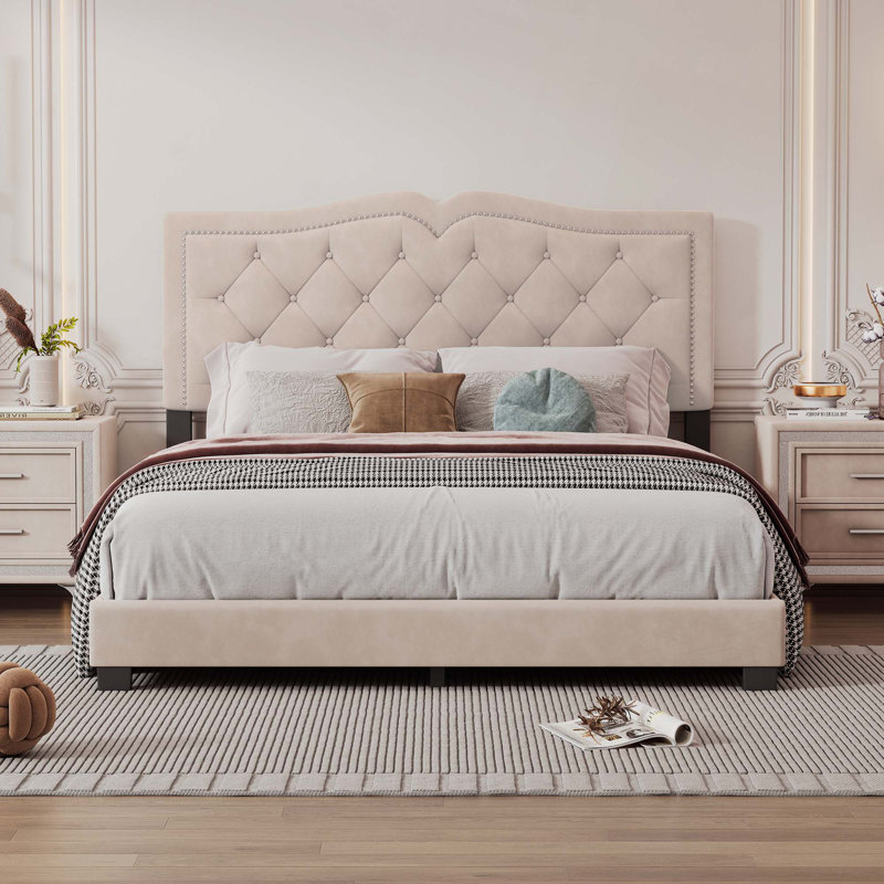 Lit en velours avec tête de lit capitonnée, Beige, Grand lit