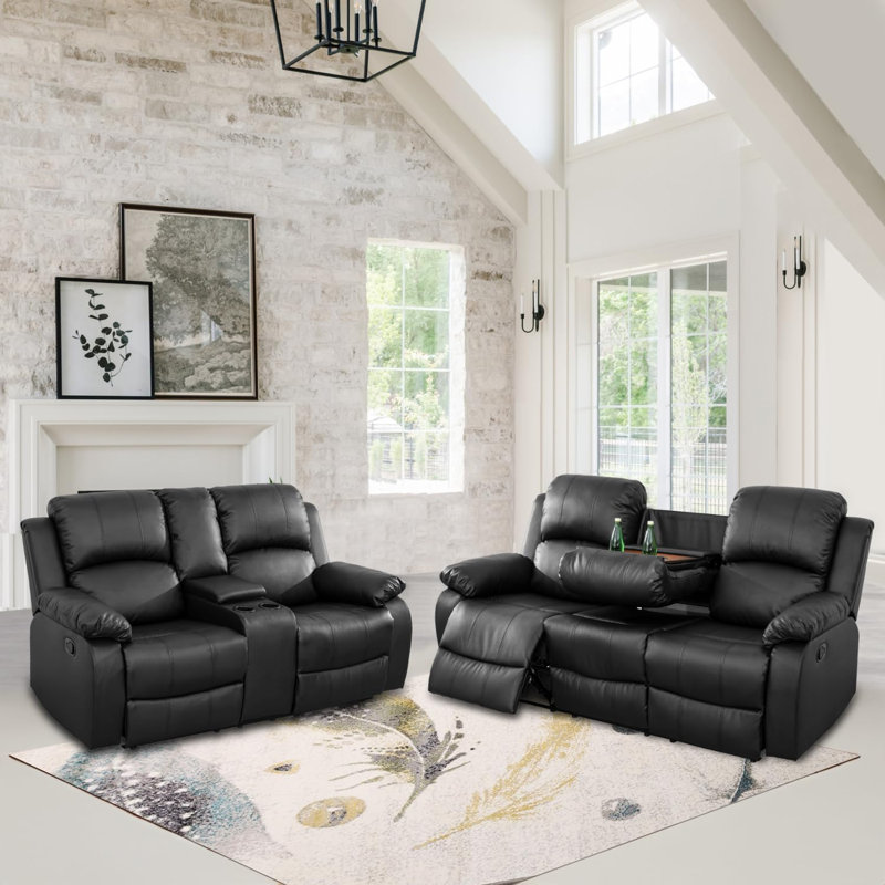 Ensemble de canapé de salon inclinable manuel en cuir végétalien 2 pièces avec console centrale Waunda, Similicuir noir