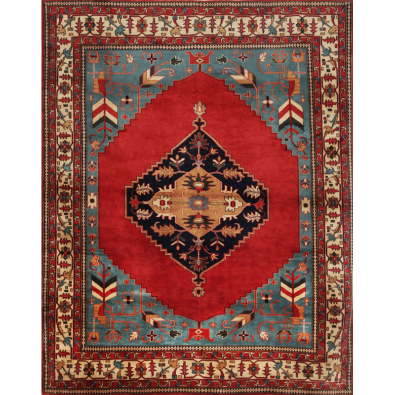 Tapis en laine rouge/bleu en laine noué la à la main one-of-kind Serapi