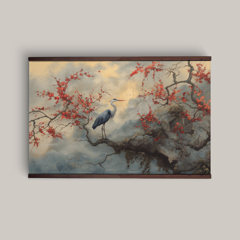 Blue Heron Extra Large Wall Art Tapestry – Japanese Landscape Canvas with Wooden Hanger, 32" H x 48" W