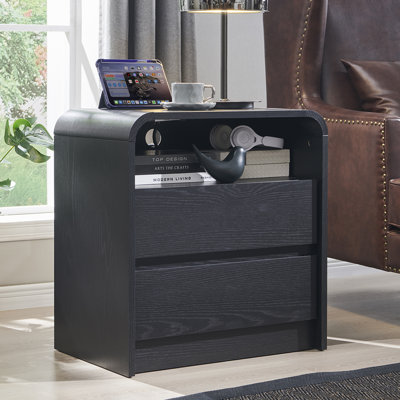 Table de bout moderne de 25 po de hauteur avec station de charge, table de chevet en bois de 23,6 po de largeur avec 2 tiroirs de rangement