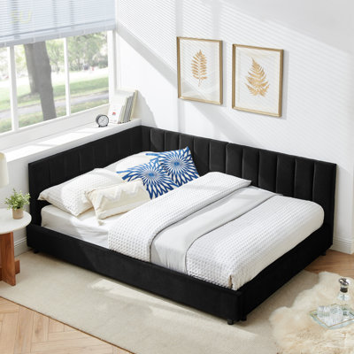 Structure de lit double capitonné capitonné, structure de canapé-lit avec dossier confortable et accoudoirs, lit double pour chambre à coucher, salon, velours noir (81 po x 60 po x 29,5 po), lit